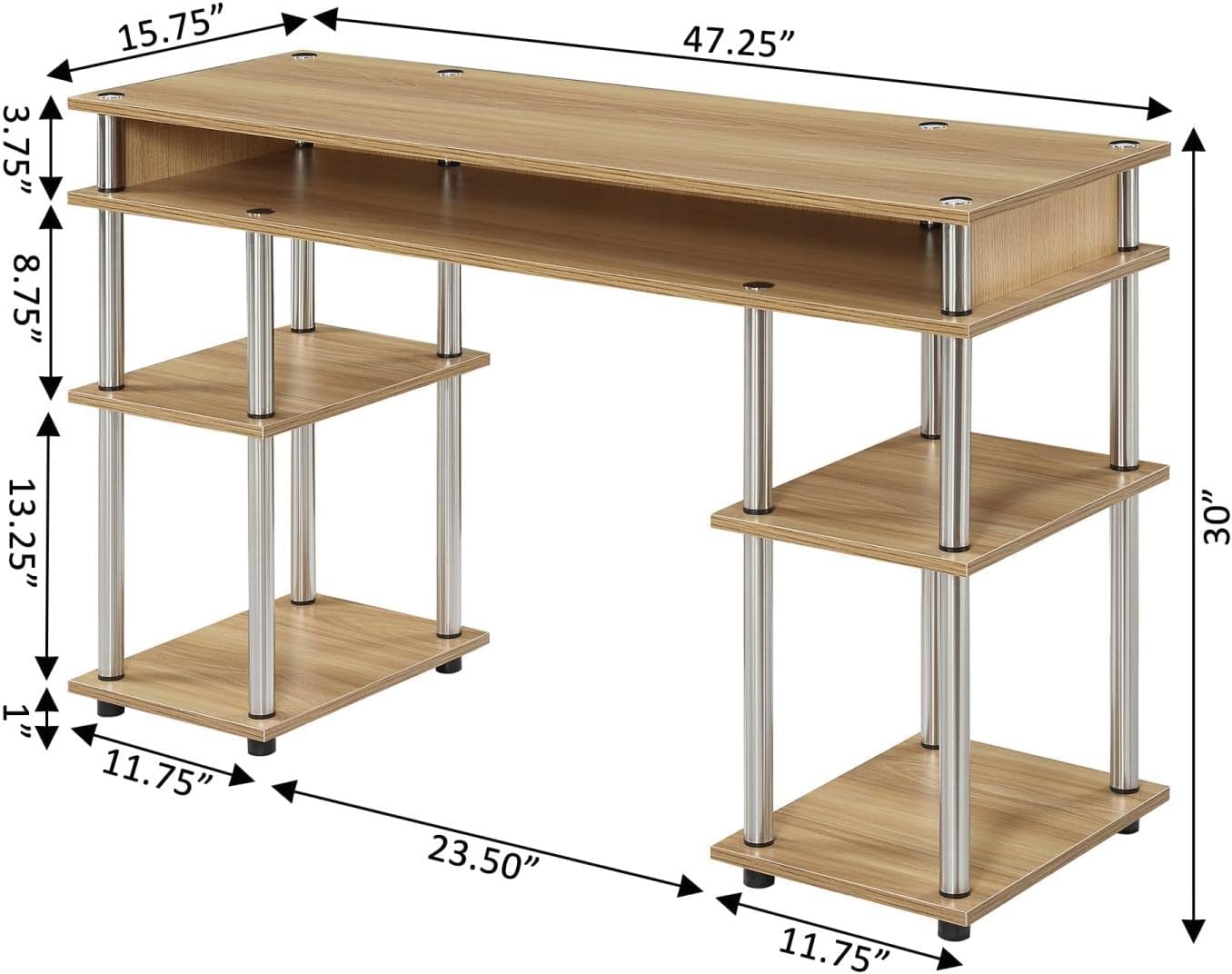 Convenience Concepts Designs2Go No Tools Desk Home Office Desk with Shelves, Corner Shelf Vanity Desk Computer Desk Nail Table for Nail Tech - 47.25" L x 15.75" W x 30" H, Light Oak