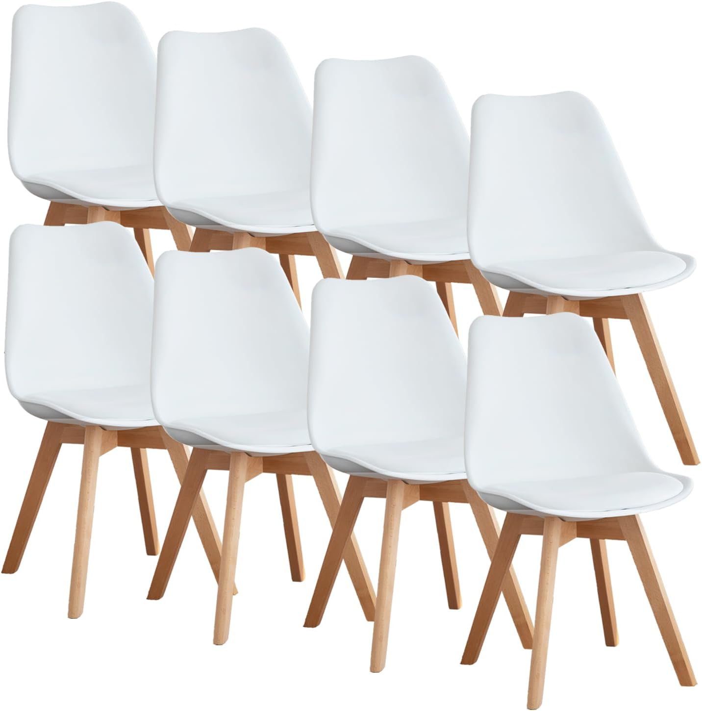OLIXIS Dining Chairs Set of 8 Kitchen Mid Century Modern Chairs with Wood Legs and PU Leather Cushion for Living Room Bedroom Outdoor Lounge, White