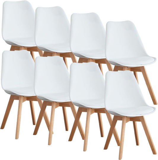 OLIXIS Dining Chairs Set of 8 Kitchen Mid Century Modern Chairs with Wood Legs and PU Leather Cushion for Living Room Bedroom Outdoor Lounge, White