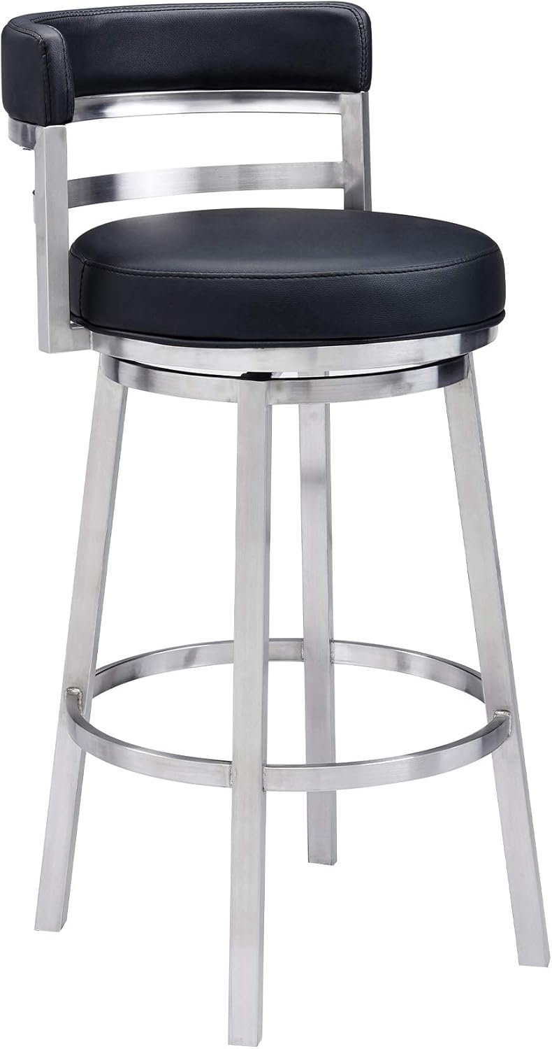 Armen Living Titana 30" Bar Height Swivel Black Faux Leather and Brushed Stainless Steel Bar Stool