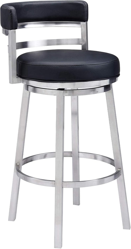 Armen Living Titana 30" Bar Height Swivel Black Faux Leather and Brushed Stainless Steel Bar Stool