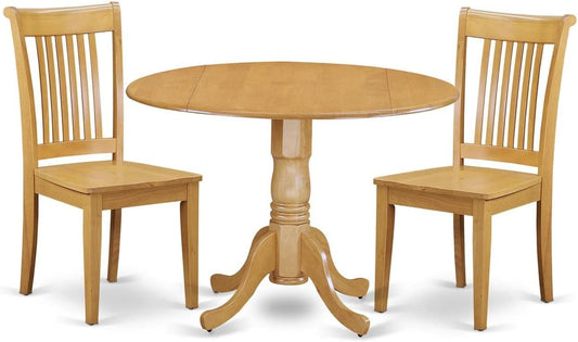 East West Furniture DLPO3-OAK-W 3 Piece Dining Room Furniture Set Contains a Round Kitchen Table with Dropleaf and 2 Dining Chairs, 42x42 Inch, Oak