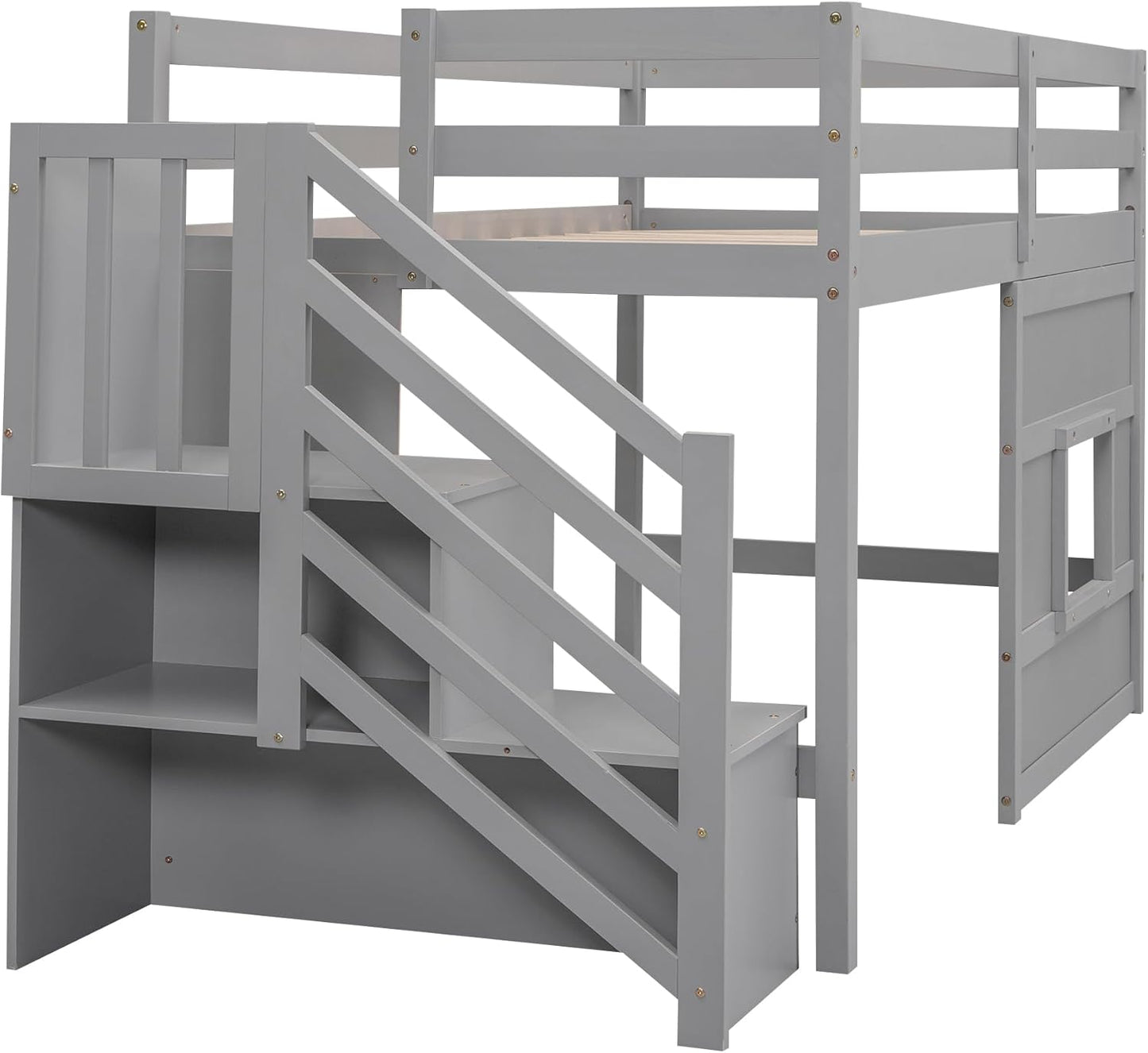 Twin Size Loft Bed with Storage Staircase and Window,Wood Twin Loft Bunk Bedframe with Full-Length Guardrail and Sturdy Slat Support, No Noise,No Box Spring Needed,for Kids,Teens,Boys,Girls,Gray