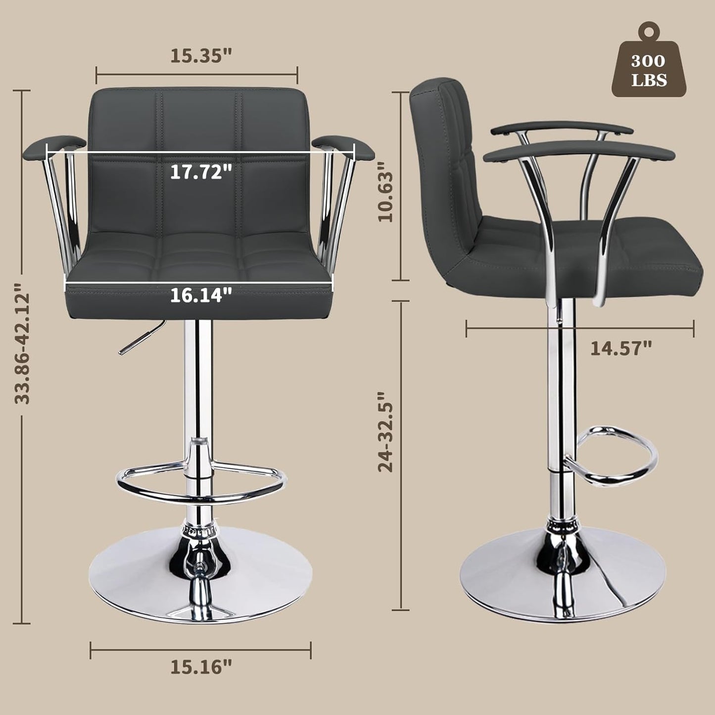 Bar Stools Set of 2,Armrest Adjustable Swivel Barstools with Back,Double Needle PU Leather Counter Height Bar Stools for Kitchen Island, Grey