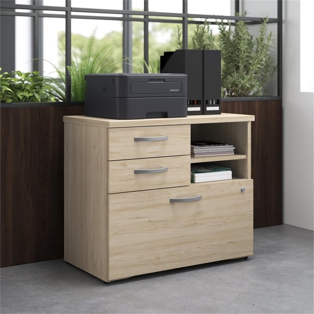 Bush Business Furniture Studio C Office Storage Cabinet with Drawers and Shelves in Natural Elm, Organization for Home or Professional Workspace