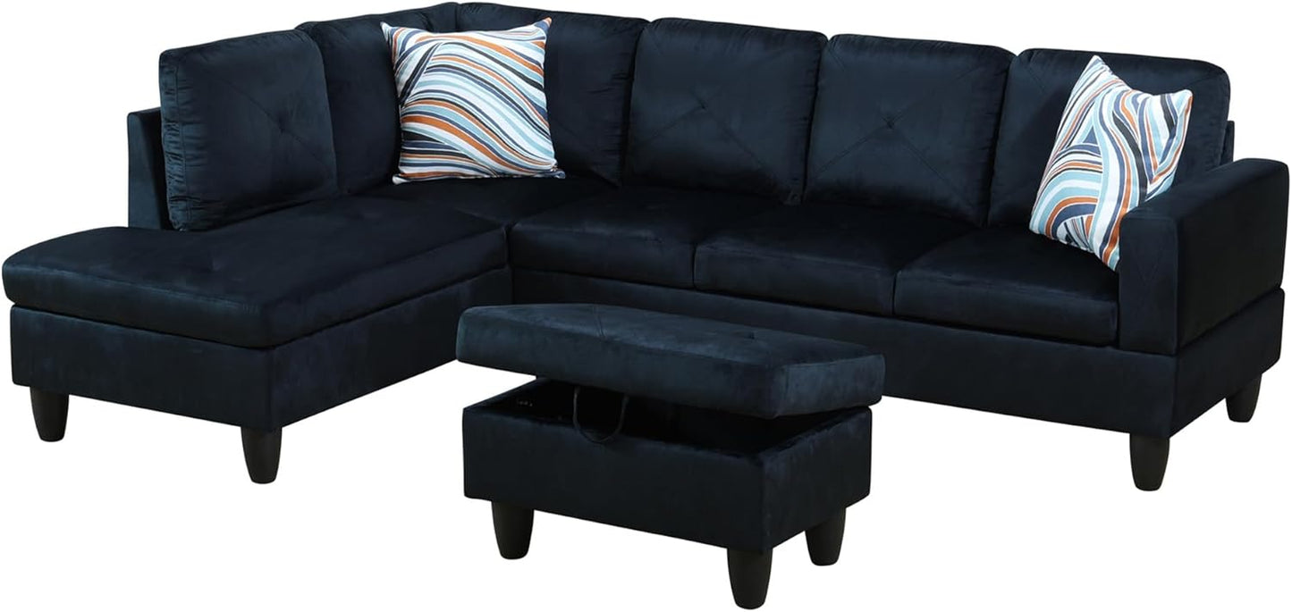 L Shaped Couch Modern Sectional Couch Upholstered Microfiber Fabric 3 Pieces Sofas for Living Room with Chaise, Storage Ottoman for Office and Small Apartment, Midnight Blue