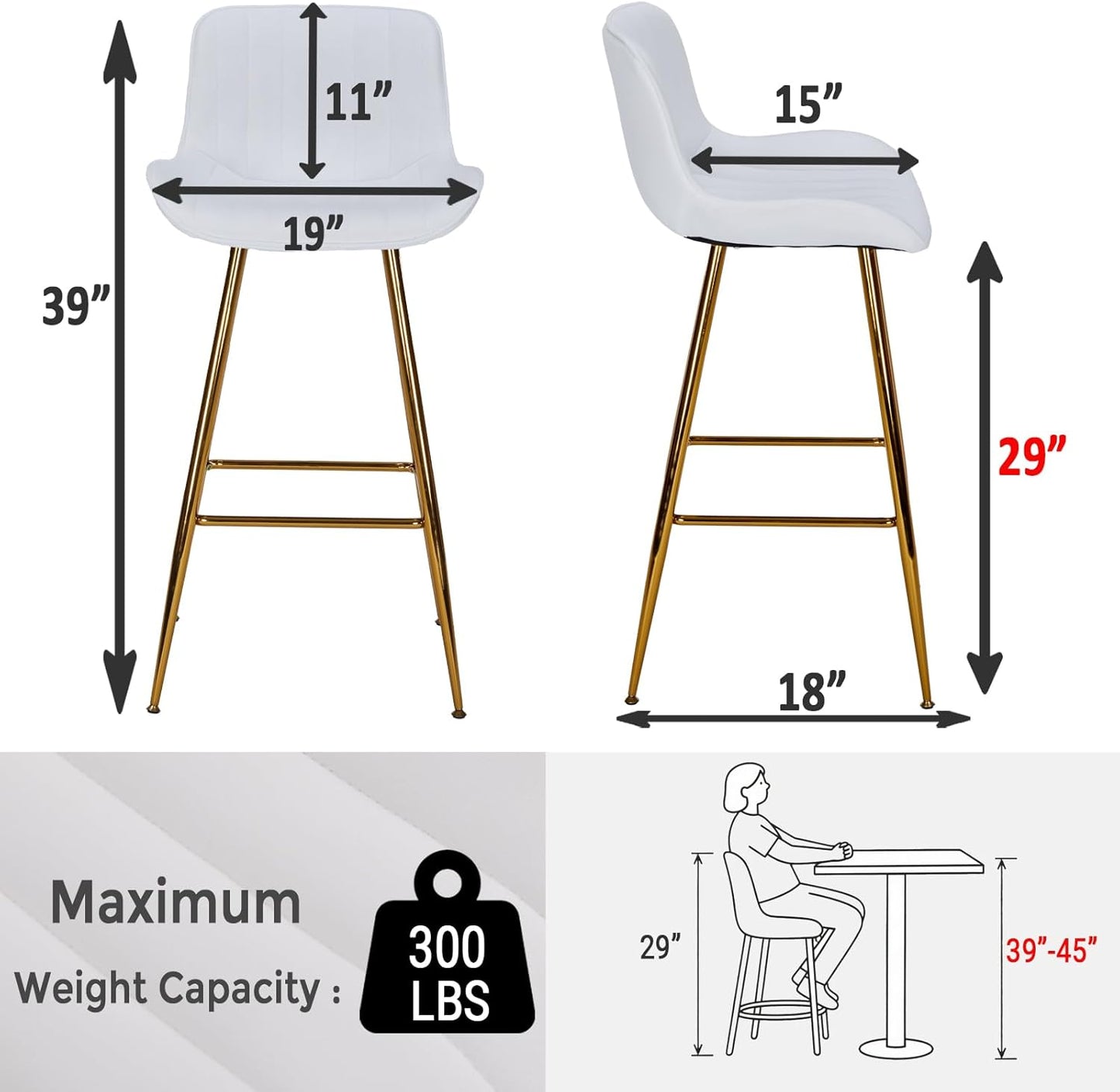 Sidanli Velvet Bar Stools with Gold Legs, Set of 2 Counter Height Stools for Kitchen Island, 29 Inch Modern Barstools with Swivel Leveling Feet, White