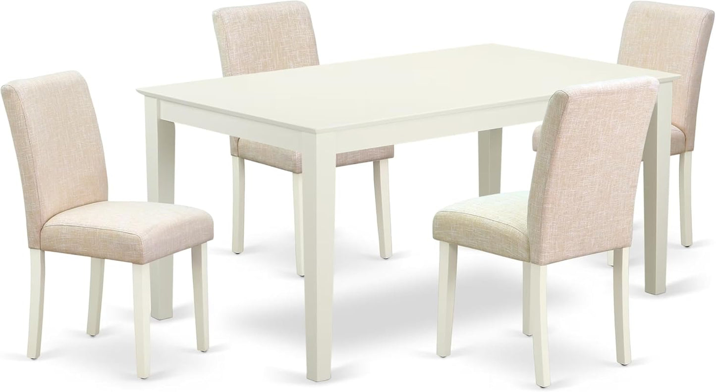 East West Furniture CAAB5-LWH-02 5 Piece Modern Dining Table Set Includes a Rectangle Kitchen Table and 4 Light Beige Linen Fabric Upholstered Chairs, 36x60 Inch, Linen White