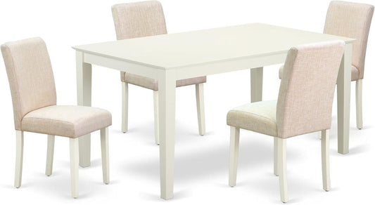 East West Furniture CAAB5-LWH-02 5 Piece Modern Dining Table Set Includes a Rectangle Kitchen Table and 4 Light Beige Linen Fabric Upholstered Chairs, 36x60 Inch, Linen White
