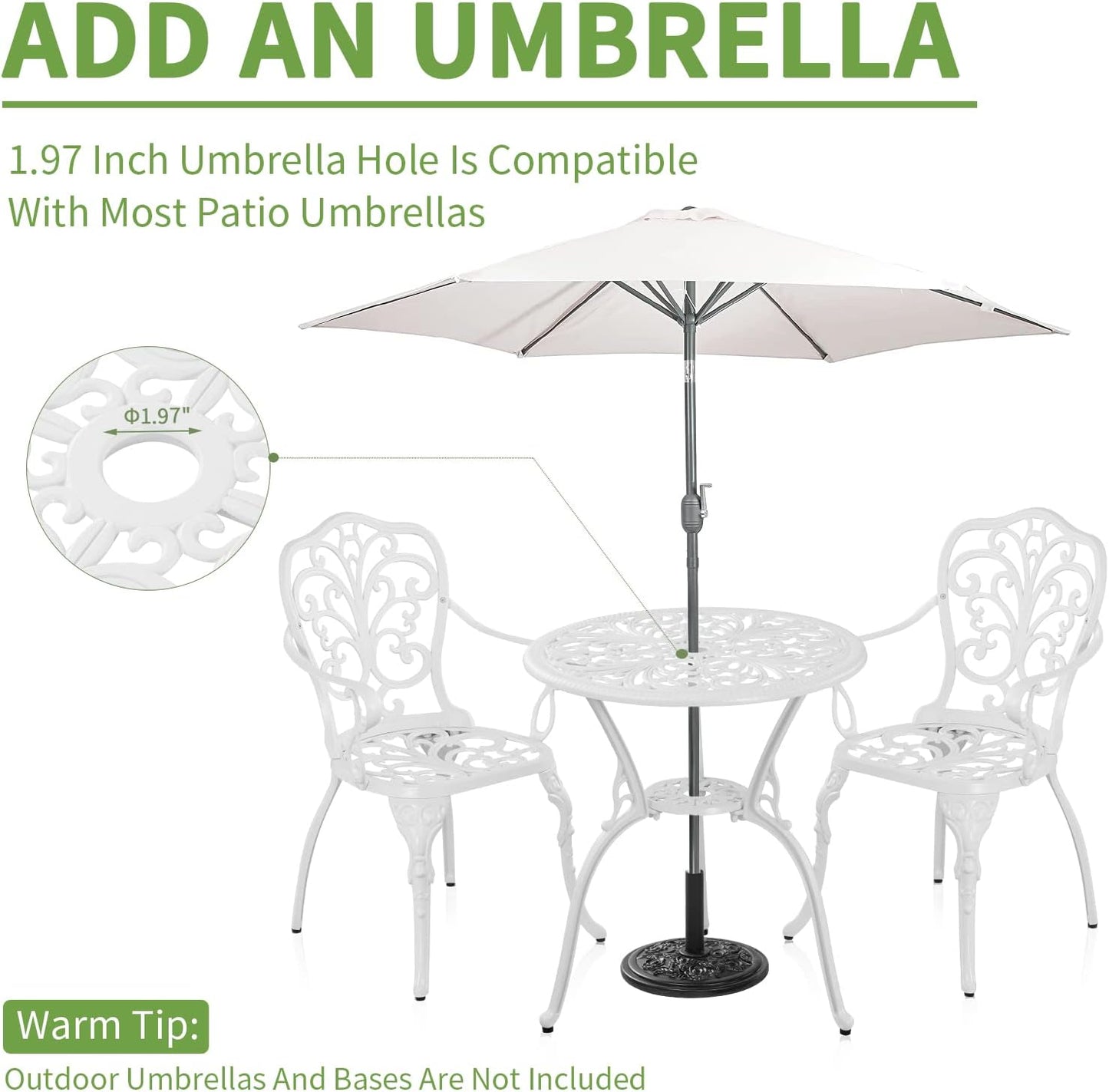 Patio Bistro Set 3 Piece Cast Aluminum Outdoor Bistro Set, Rust Resistance Bistro Table and Chairs of 2 with Umbrella Hole, Small Patio Set for Garden Outside, White