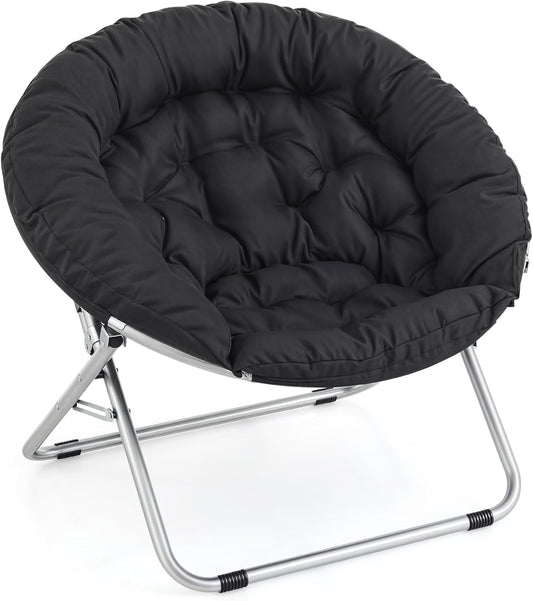 MoNiBloom Round Folding Saucer Chair for Bedroom Living Room Dorm Foldable Metal Frame Comfy Soft Lounge Lazy Cozy Moon Chair for Teens (Black)