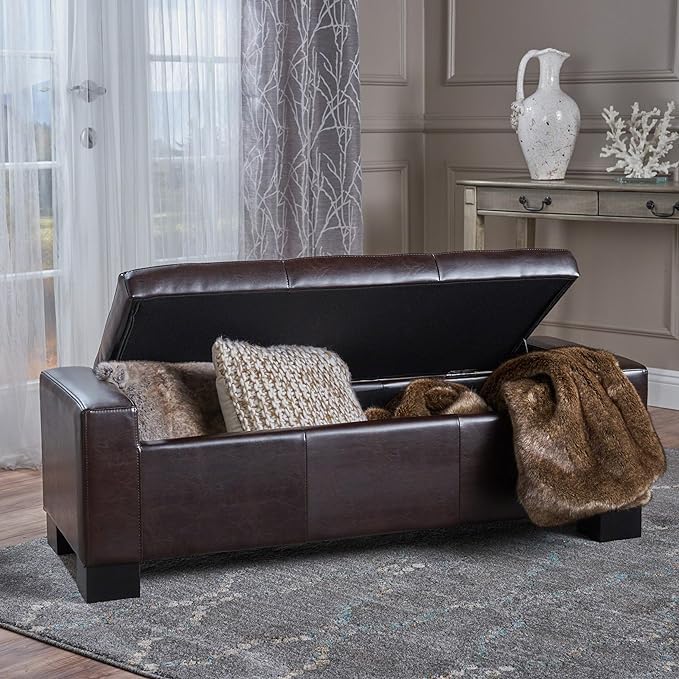 Ball & Cast 50.8" Upholstered PU Storage Ottoman with Tufted Waffle Stitch,End Bench w/Uses Pressure Hinges and Wood Legs,Entryway Footrest Stool for Living Room & Bedroom,Brown