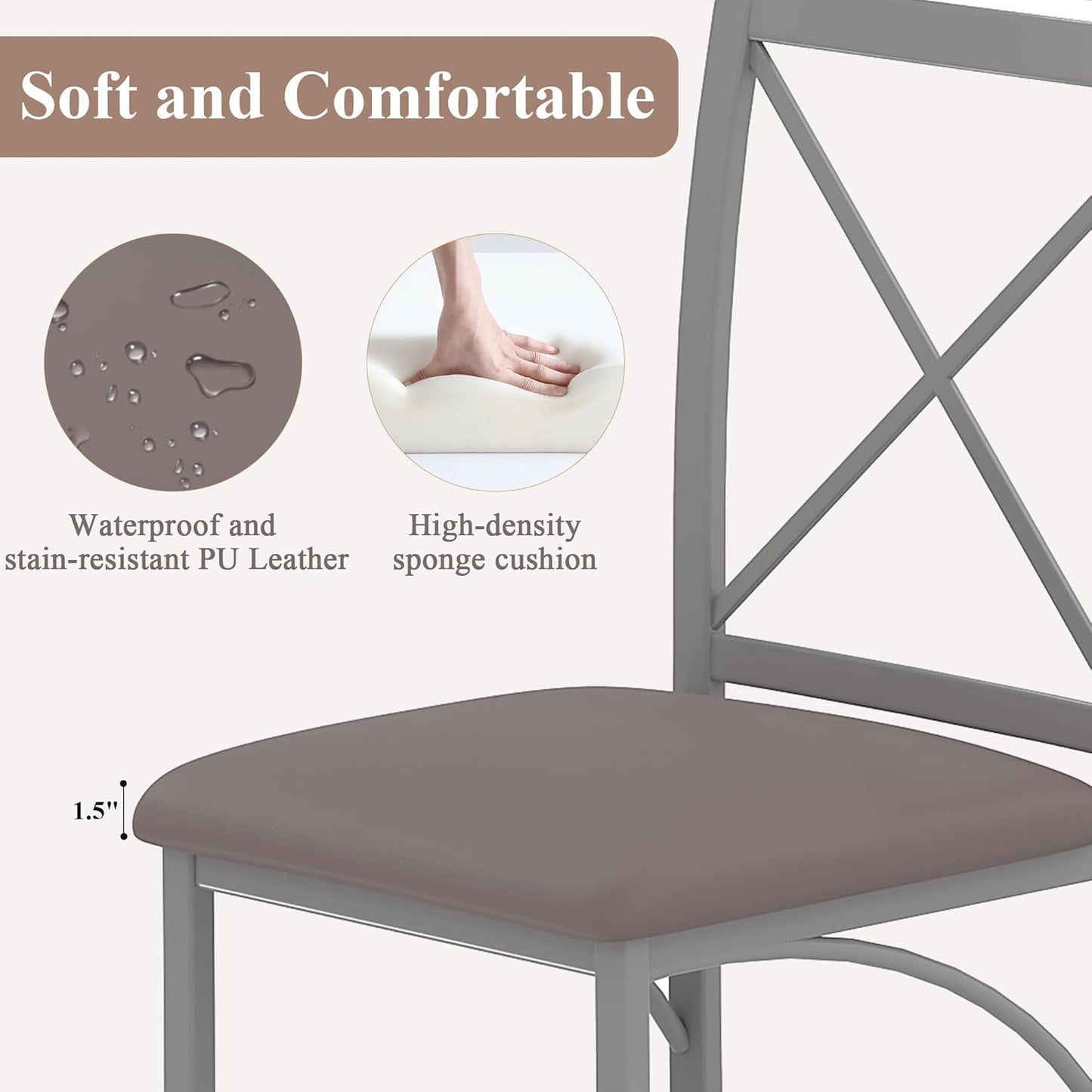 VECELO Metal Dining Chairs Set of 4, Steel Legs and PU Leather Cushion Seats for Kitchen, Living Room, Grey