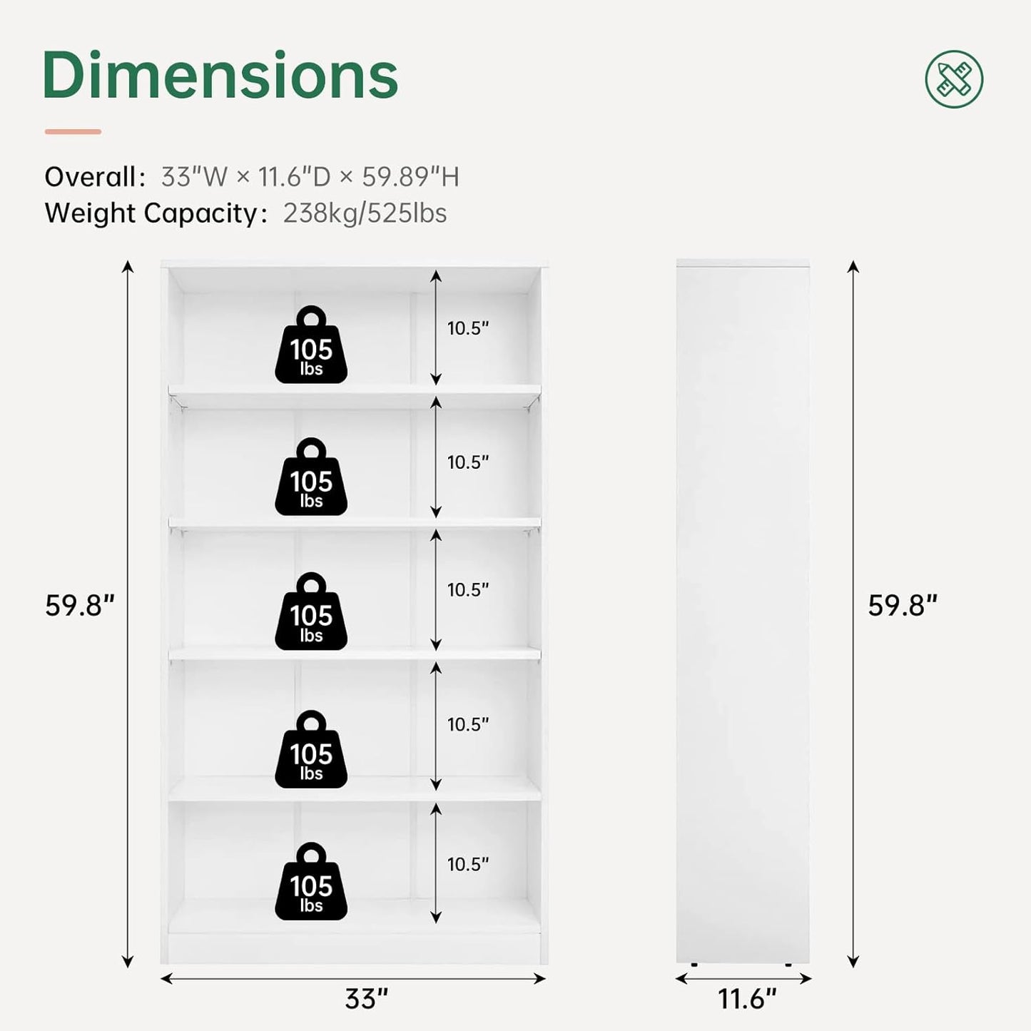NicBex 59.8“ Heavy Dute Wood Bookcase with Adjustable Shelves, Modern Manga Bookshelf for Living Room, Office, Small Spaces, Manga and Book Shelves Storage, Tip-Over Resistant, 33" Wide White