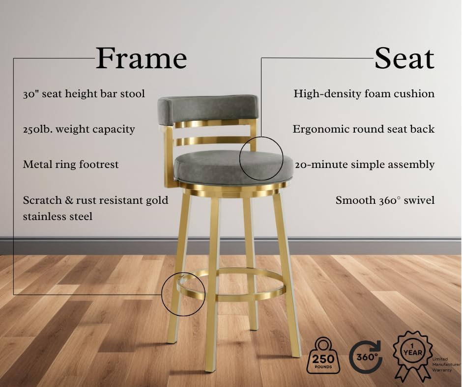 Armen Living Madrid 30" Seat Height Swivel Modern Vintage Gray Faux Leather and Gold Brushed Stainless Steel Bar Stool for Kitchen Island Counter