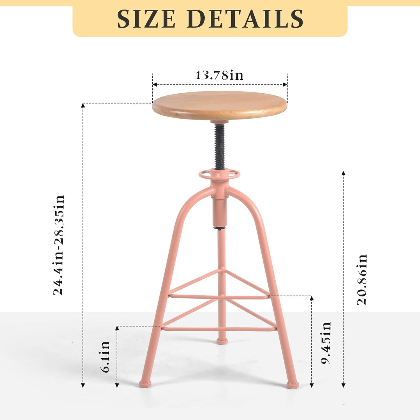 Set of 2 Modern Bar Stools-24.4-28.3 Counter Height Adjustable Patio Stool-Industrial Dining Stool for Home Kitchen-Retro Cafe Chairs with Swivel Wooden Seat