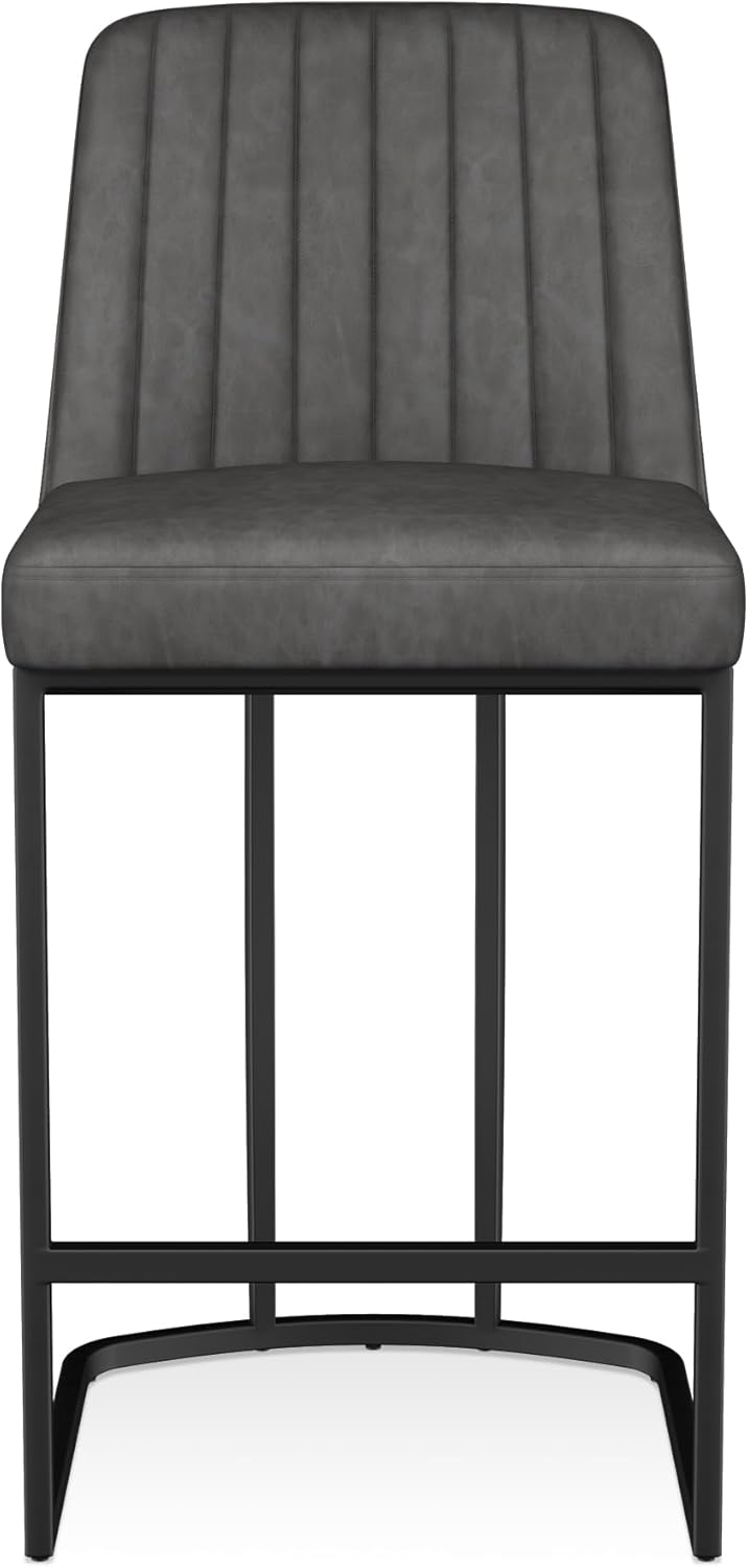 Counter Height Bar Stools Set of 4, Upholstered Leather Barrel Barstools with Back and Metal Legs for Kitchen Island, 27.4" Seat Height, Fabric in Faux Leather, Rustic Grey