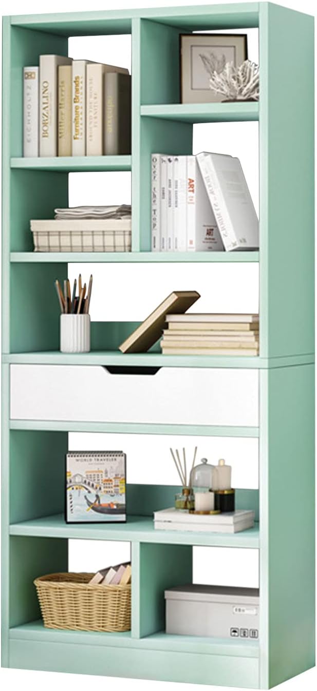 IOTXY Wooden Open Shelf Bookcase - 61 Inches Height Freestanding Display Storage Cabinet Organizer with 8 Cubes and a Drawer, Floor Standing Bookshelf in Tiffany-Green