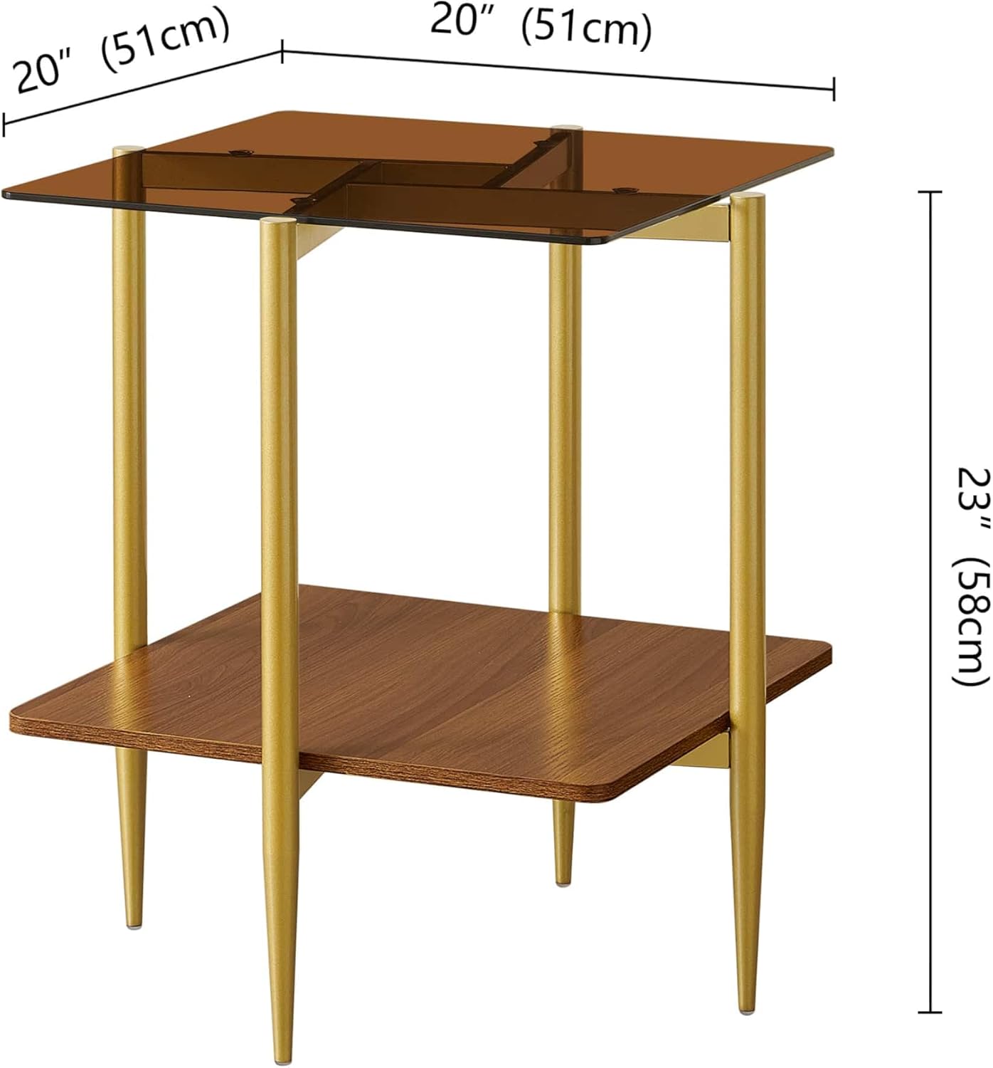 Square Glass End Table, Mid-Century Modern Sofa Table, L20*W20*H23 inch for Living Room, 2-Tier Structure, Amber Glass Top and Walnut MDF Shelf, Sleek Conical Metal Legs with Gold Finish