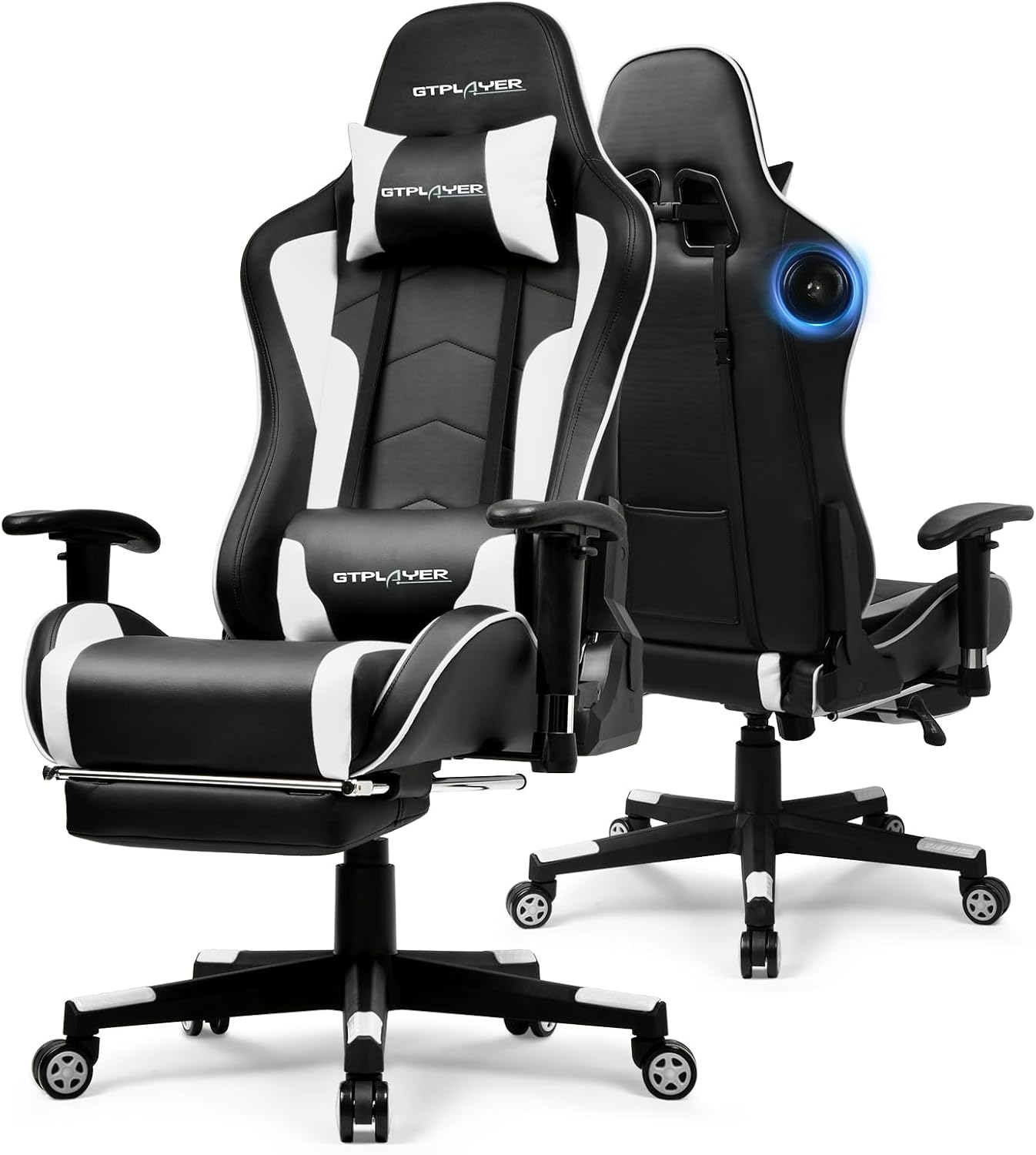 GTPLAYER Gaming Chair with Bluetooth Speakers and Footrest, Ergonomic Gamer Chair with Reclining Backrest, 3D Armrests, Adjustable Seat Height, Computer Desk Chair for Adults (White)
