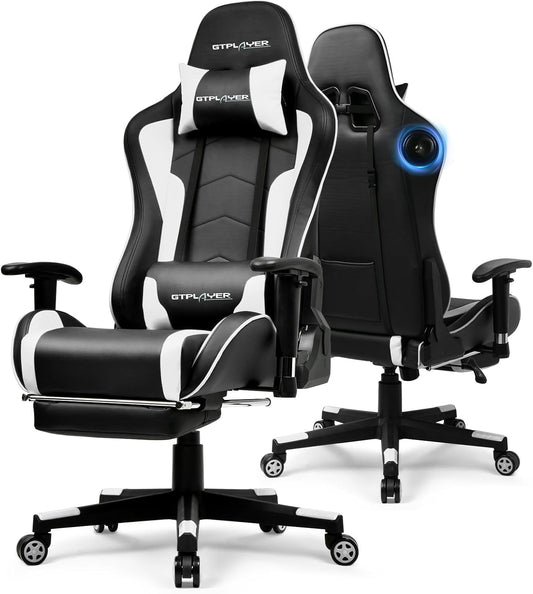 GTPLAYER Gaming Chair with Bluetooth Speakers and Footrest, Ergonomic Gamer Chair with Reclining Backrest, 3D Armrests, Adjustable Seat Height, Computer Desk Chair for Adults (White)