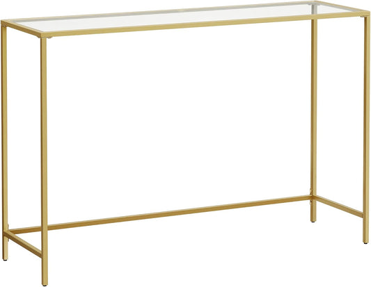 VASAGLE 47.2 Inches Console Table, Tempered Glass Sofa Table, Modern Entryway Table, Sturdy Metal Frame, Easy to Assemble, Adjustable Feet, for Living Room, Hallway, Gold Color ULGT036A01