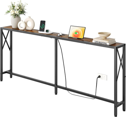 70 in Skinny Sofa Table Behind Couch, Console Table with Oulets & USB Ports for Hallway, Entryway,Living Room, Bedroom, Rustic Brown