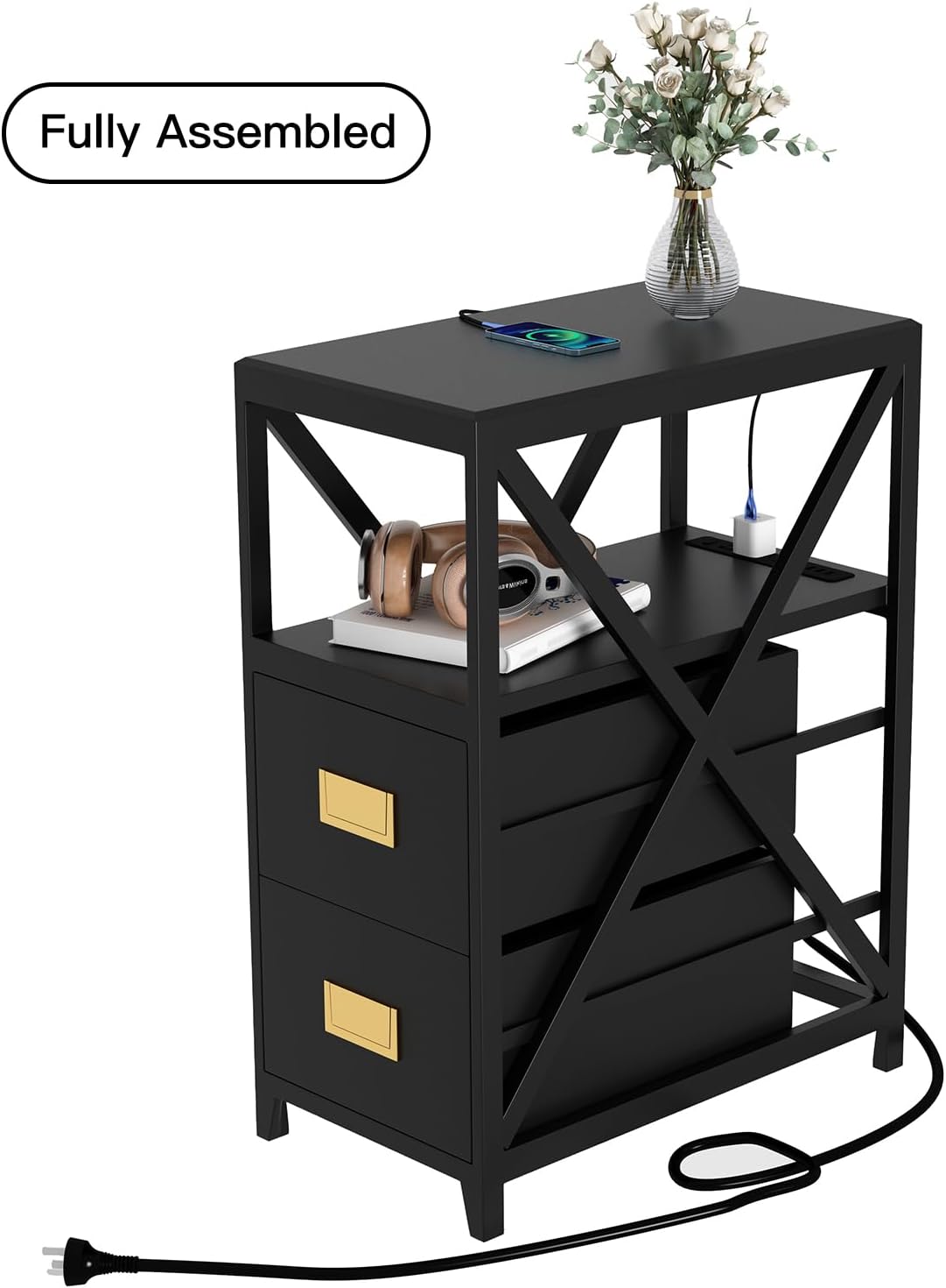 Fully Assembled Narrow Side Table with Charging Station, No Assembly Narrow Nightstand with USB Ports, Pre Assembled Skinny End Table with Outlets for Living Room, Bedroom-Black