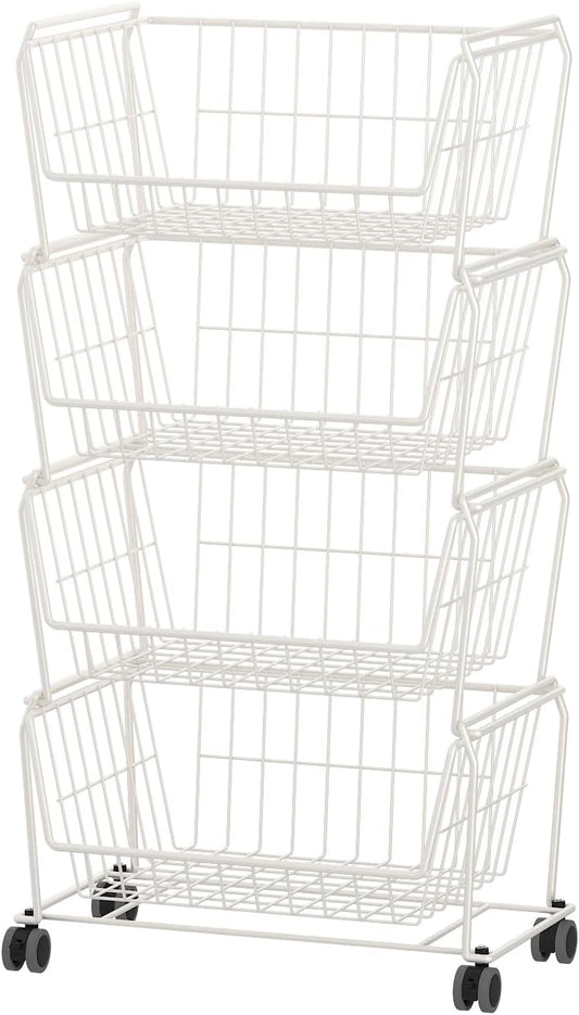 PUSDON Stackable Metal Storage Carts, Dual Use Shelf for Kitchen Fruit Vegetable Baskets with Wheels, Storage Rack for Living Room, Home & Office, Standard White 4 Tiers