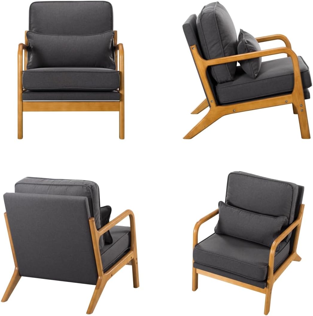 Armchair Upholstered Lounge Chair, Mid-Century Modern Accent Chair with Cushion, Lounge Chair Indoor Reading Chair with Wood Arms, Accent Chair for Living Room, Bedroom Office, Dark Gray