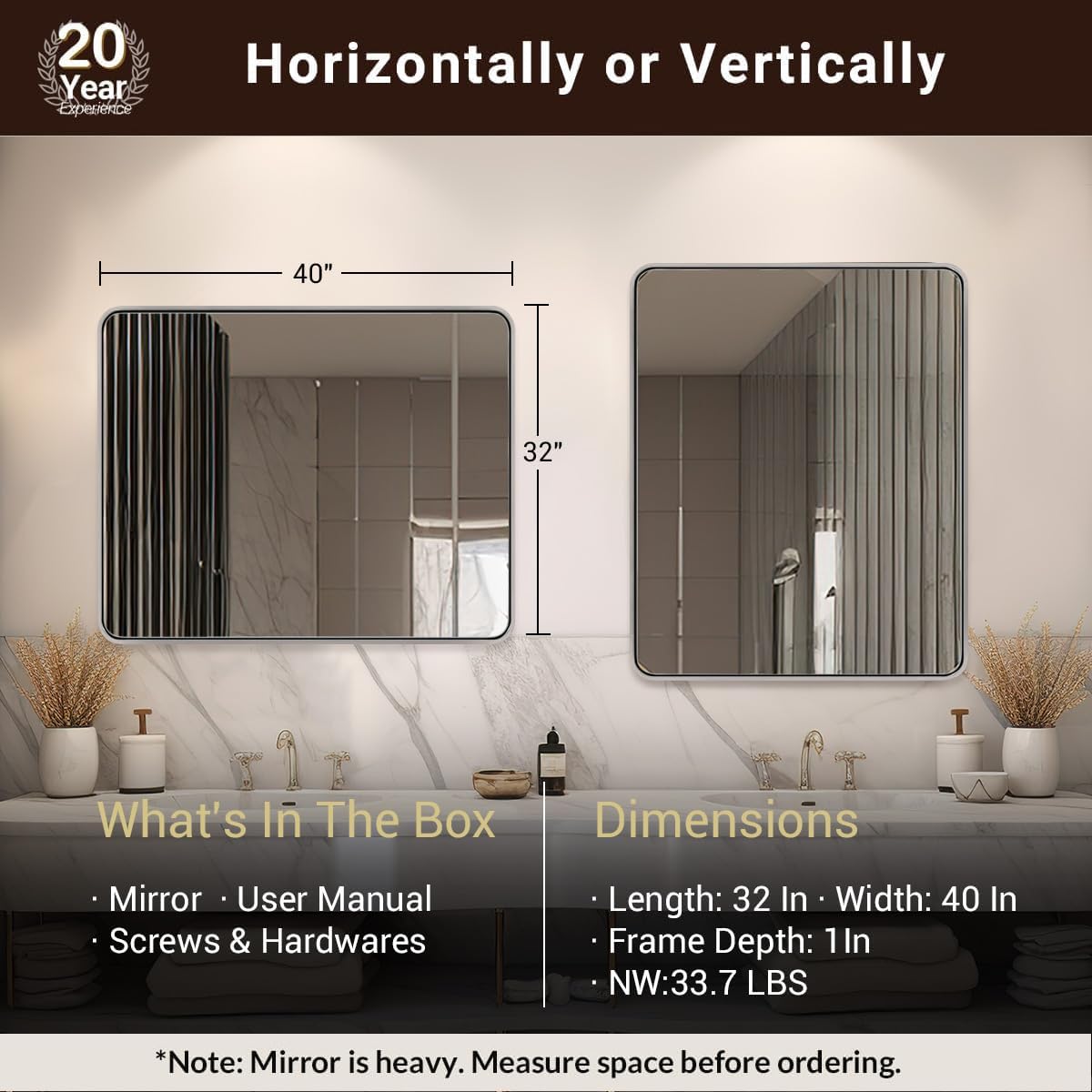 ANDY STAR 40x32 Inch Chrome Mirror for Bathroom, Chrome Bathroom Vanity Mirror, Rounded Rectangle Mirror, Anti-Rust SUS304, Seamless Tube Metal Frame, 1’’ Deep Wall Mounted Vertically/Horizontal