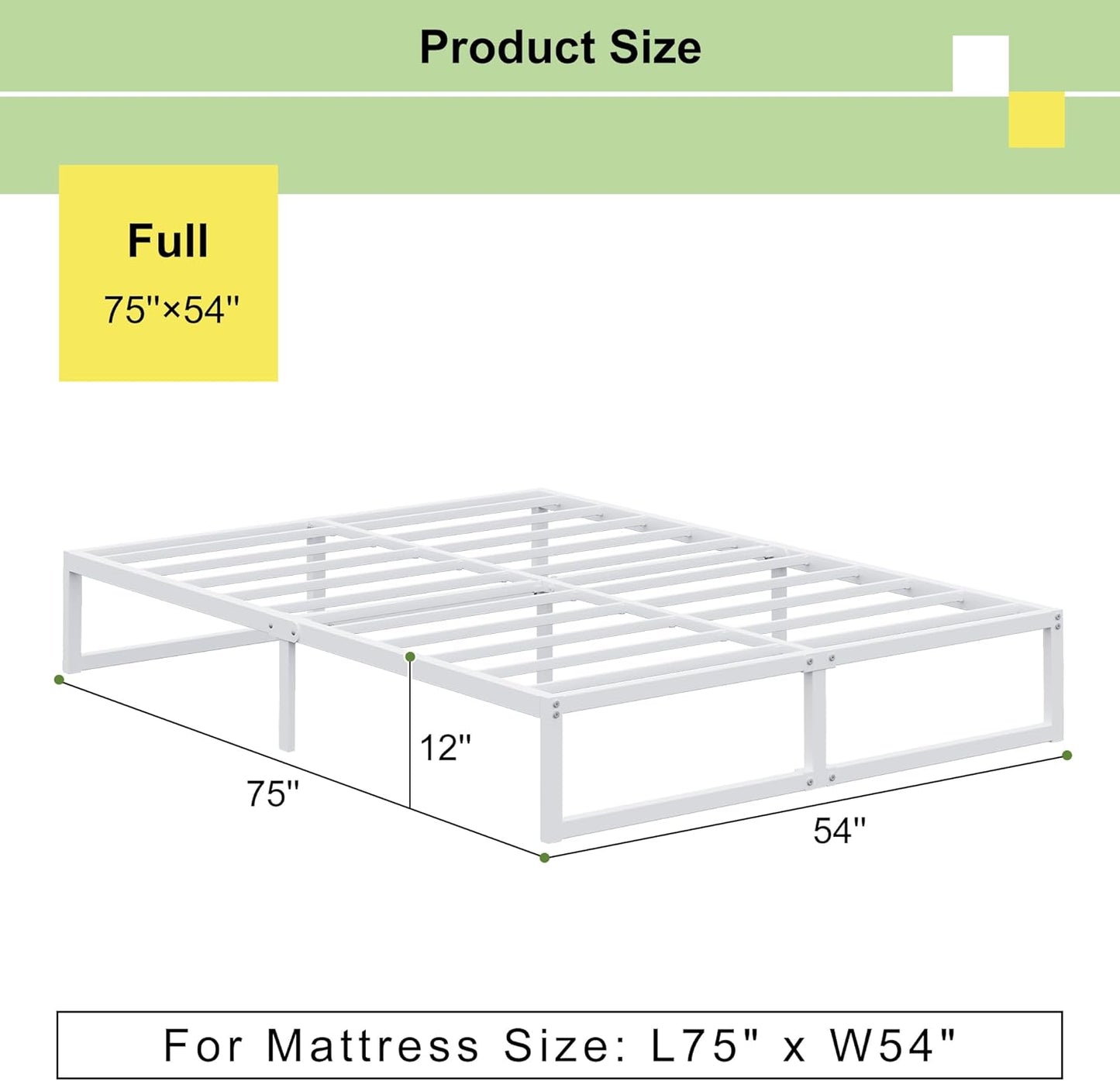 EMODA 12 Inch Full Size Bed Frame, Metal Platform White Bed Frame Full No Box Spring Needed, Heavy Duty Steel Slats Support, Easy Assembly, Noise Free