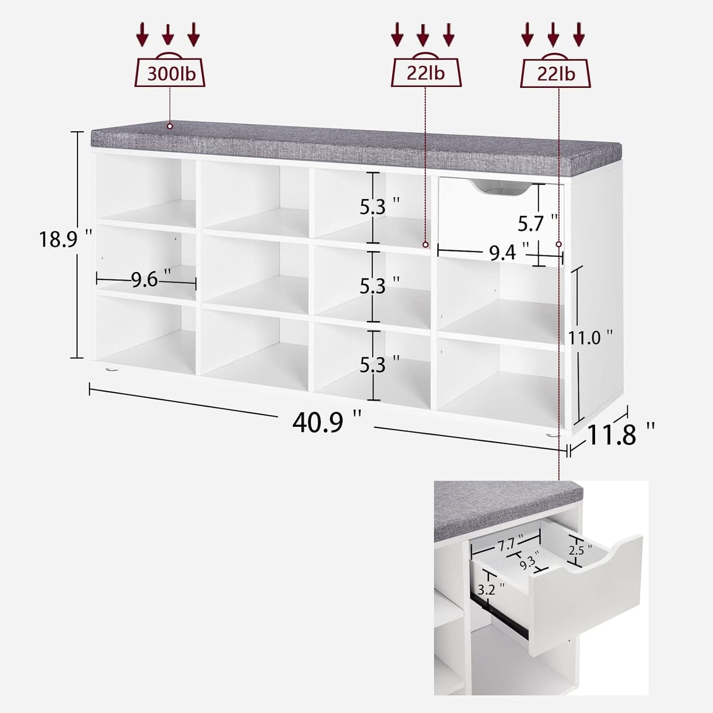 DINZI LVJ Shoe Bench, Entryway Storage Bench with Drawer and 11 Cubbies, Cubby Shoe Rack with Adjustable Shelves, Shoe Organizer Cabinet for Living Room, Bedroom, Mudroom, Closet and Garage, White