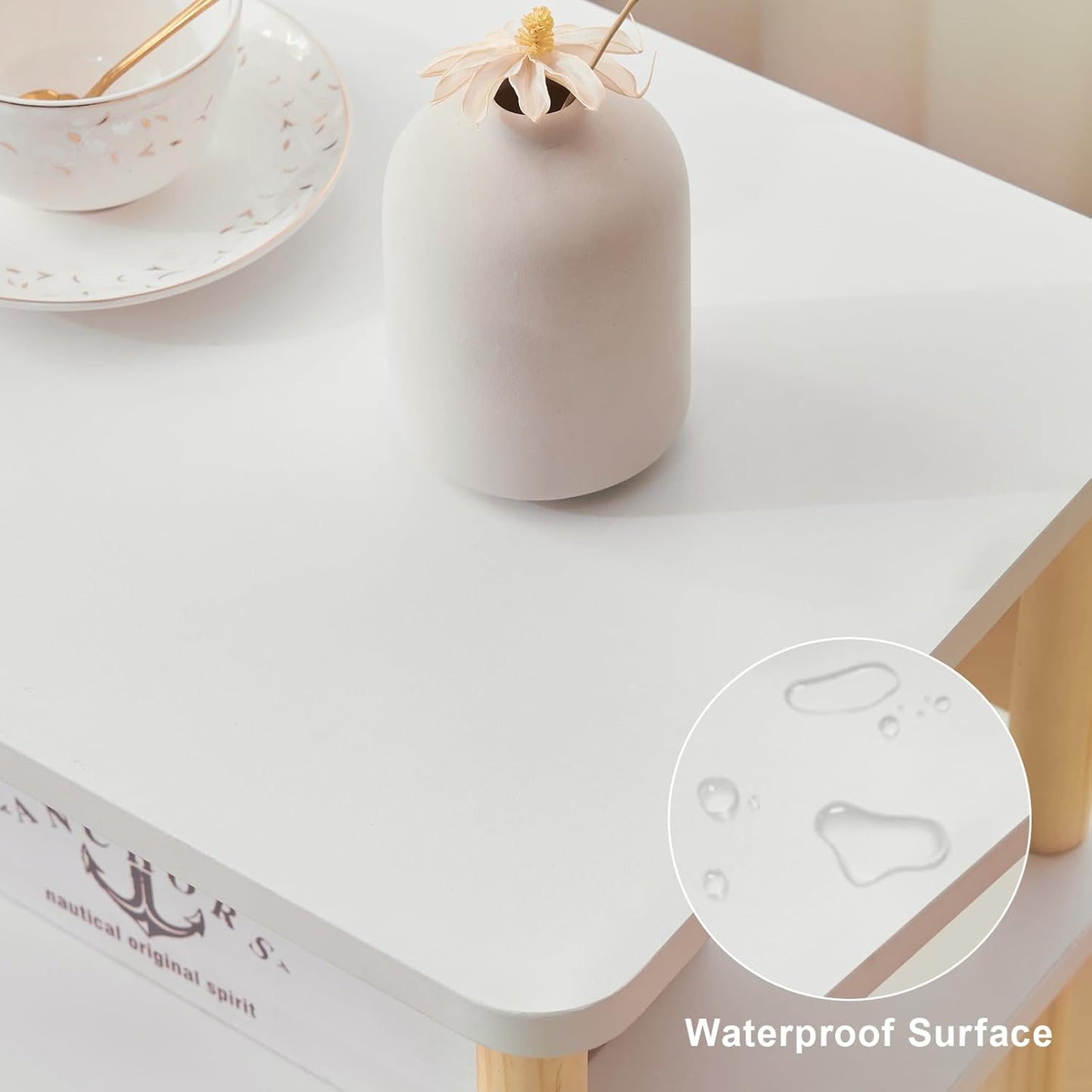 Apicizon 3 Tier Nightstand, End Table with Storage Shelf, Wooden Vinyl Record, Farmhouse Bedside Table for Small Spaces, Bedroom, Living Room, Easy Assembly, White+Natural