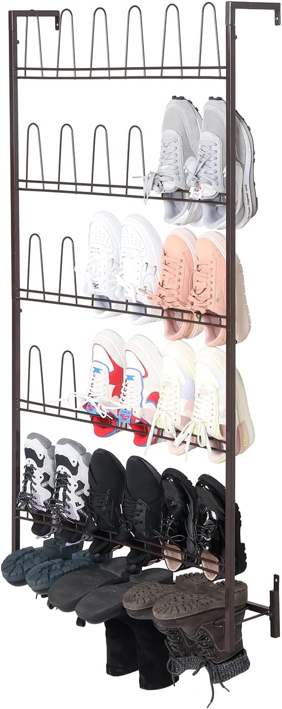 MyGift 5-Tier Wall Mounted Dark Brown Metal 18 Pair Boot and Shoe Storage Rack Organizer Stand