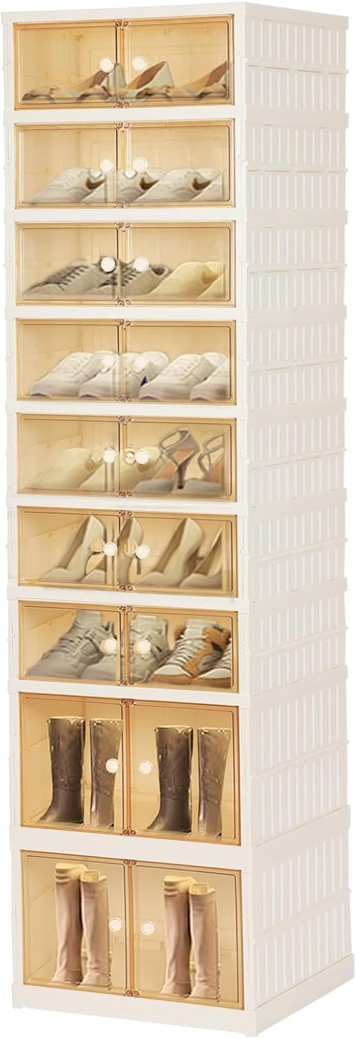 Foldable Shoe Organizer Storage Box, Portable Extra Large Folding Shoe Rack for Closet, Shoe Storage Box with Magnetic Transparent Door and Wheels, 9 Layers 18 Grids with 4 Big Grids