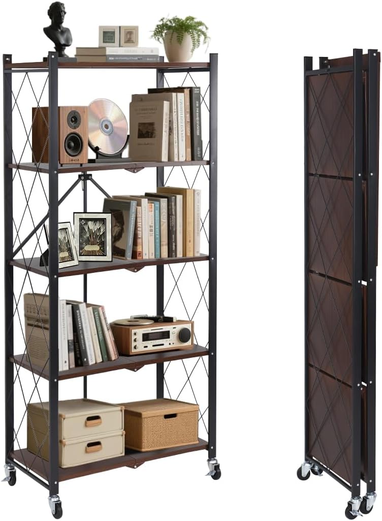 BAOYOUNI 5-Tier Vintage Industrial Bookshelf - No Assembly Folding Storage Shelf with Woodgrain Finish | Collapsible Metal Bookcase for Living Room, Office & Bedroom