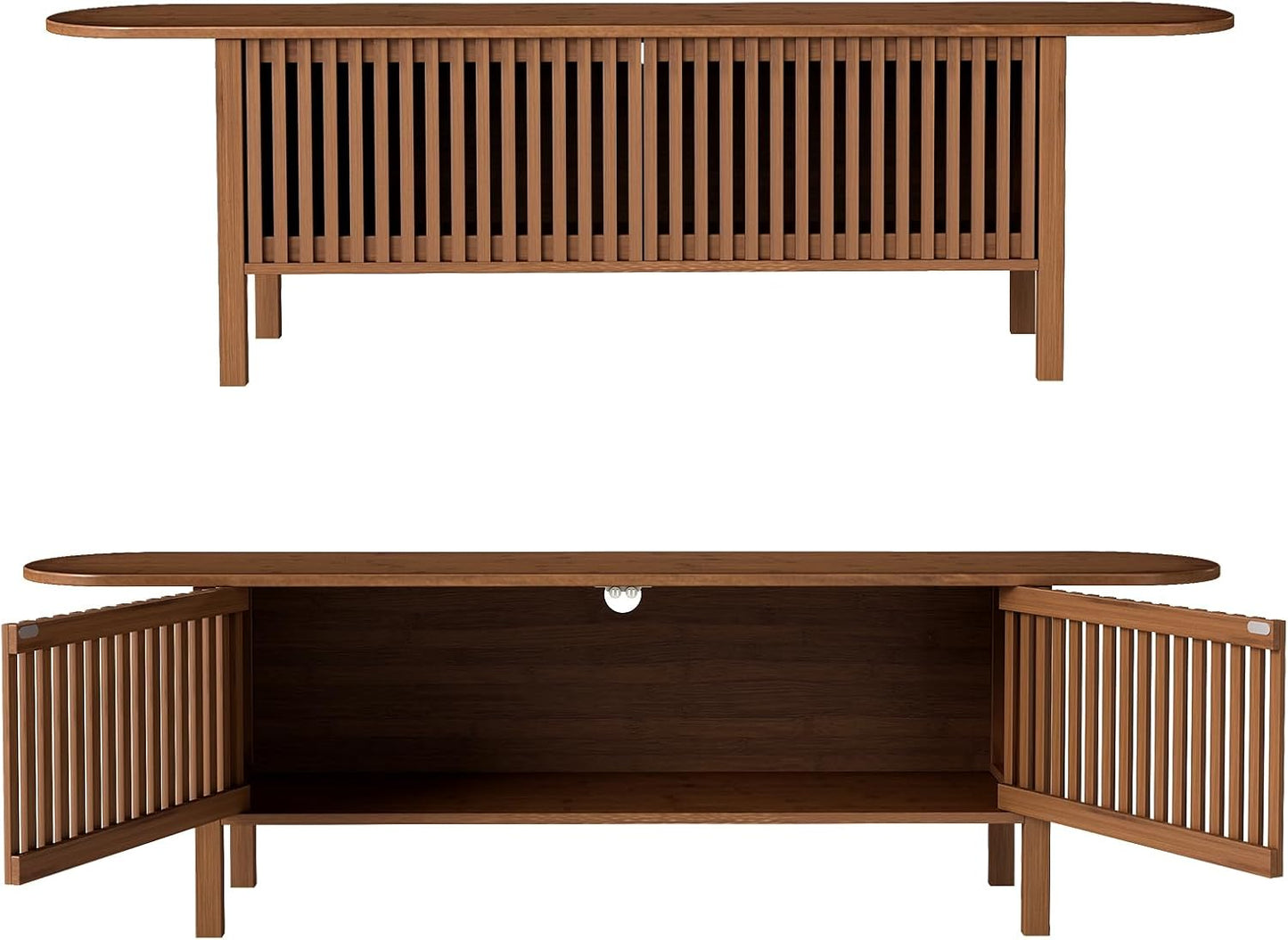 HollyHOME Bamboo TV Stand with Storage for TVs up to 65", Modern Entertainment Center with Fence Door, Accent TV Table with 2 Shelf, Media Console TV Stand for Living Room, Bedroom, Walnut