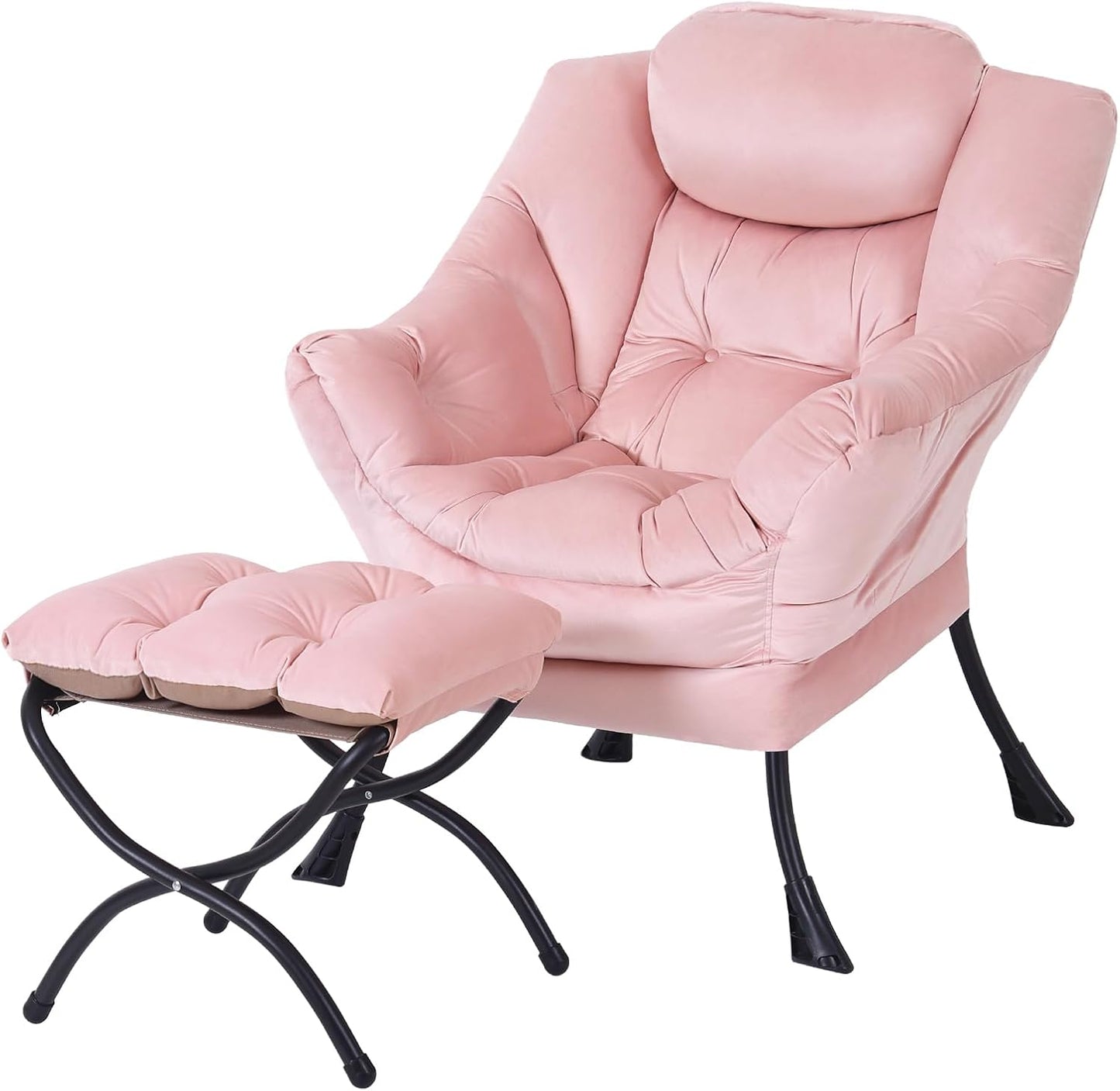 Lazy Chair with Folding Ottoman, Modern Accent Lounge Armchair with Armrests and a Side Pocket & Foldable Footstool, Leisure Reading Chair for Living Room, Bedroom, Dorm & Office, Velvet Pink
