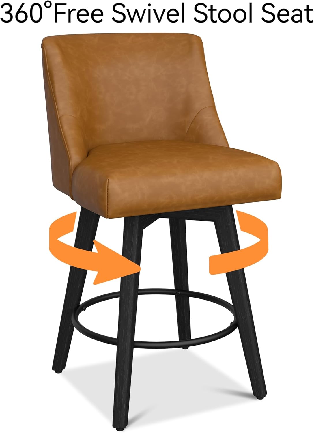 Counter Height Bar Stools Set of 6, Modern Swivel Barstools with Back and Wood Legs, Faux Leather Upholstered Bar Chairs, 26" H Kitchen Counter Stools, Kitchen Island Home Bar, Whisky Brown