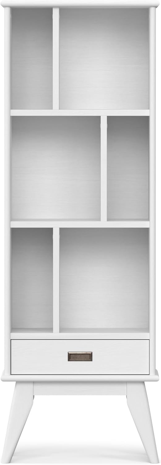 SIMPLIHOME Draper Solid Hardwood 64 inch x 22 inch Mid Century Modern Bookcase and Storage Unit in White for The Living Room, Study Room and Office