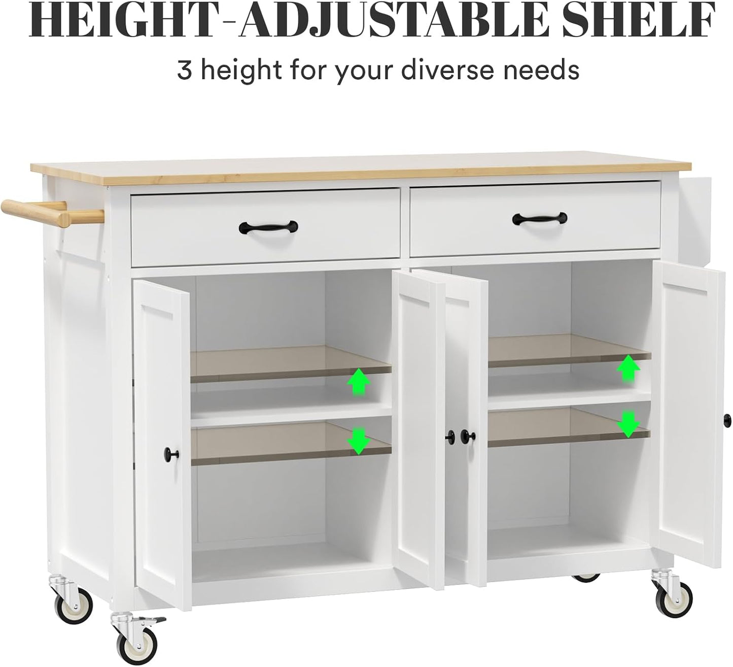 Rovibek Kitchen Island on Wheels Large in Rolling Island Wood Mobile Portable Kitchen Islands White with Drawers Cabinet Spice Rack Towel Rack Storage Pure White