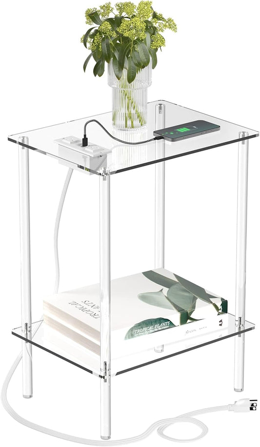 Eglaf Acrylic Side Table with Charging Station & USB Ports - Small Nightstand Bedside Table End Table for Living Room, Bedroom - 15.7'' L x 11.8'' W x 21.7'' H, 2 Tier
