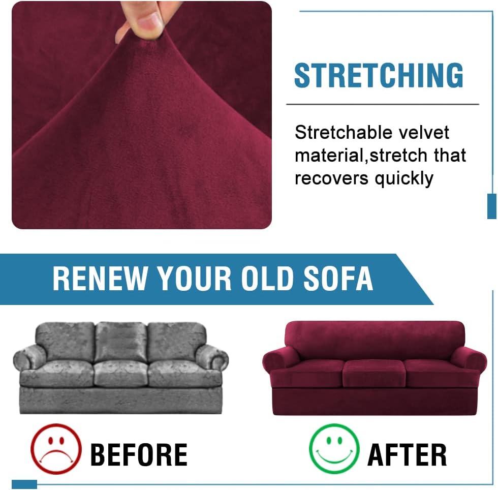 H.VERSAILTEX Sofa Cover 4 Piece T Cushion Sofa Slipcovers Thick Velvet Couch Cover Furniture Protector Stretch T Cushion Sofa Covers for 3 Cushion Couch with 3 Individual T Cushion Covers, Burgundy