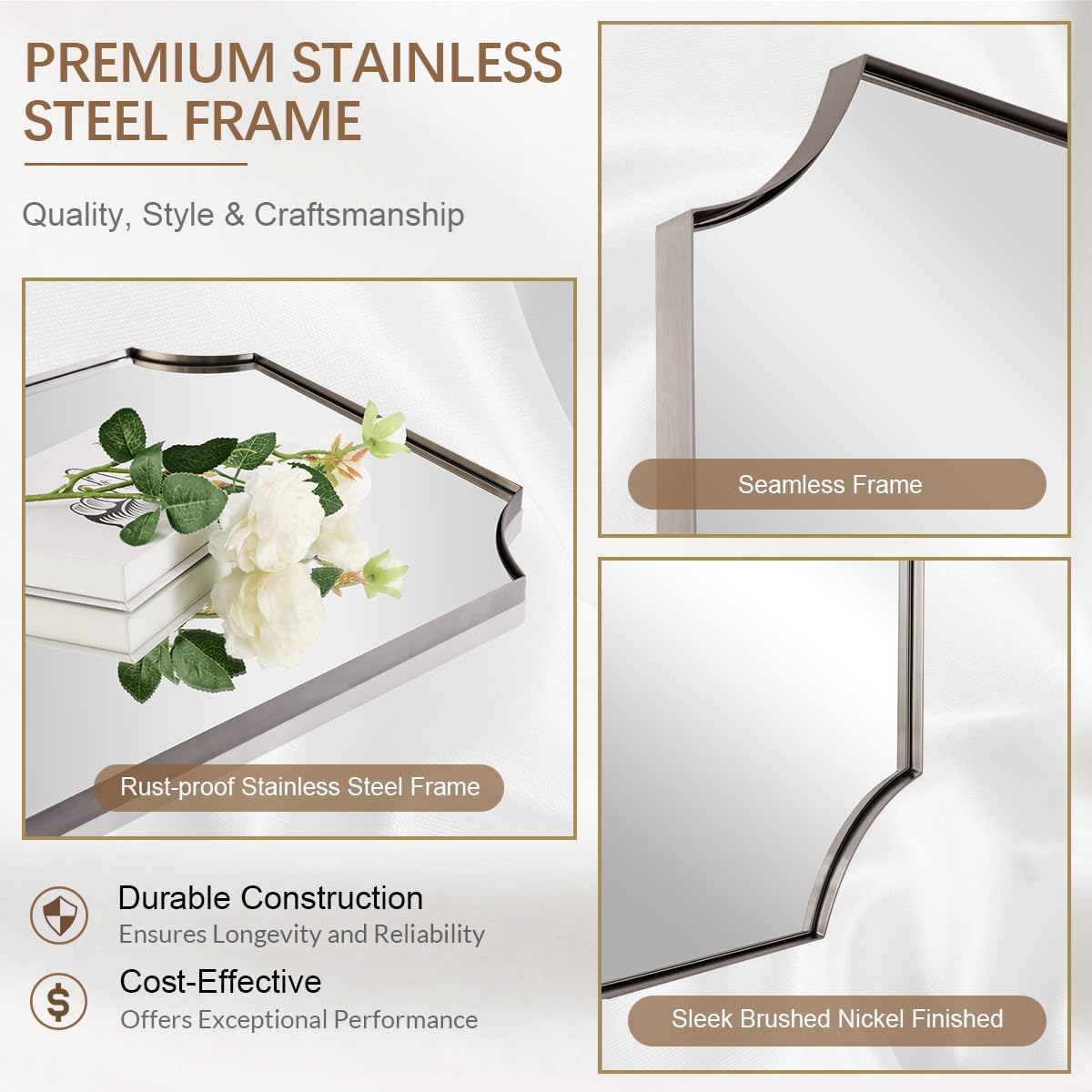 ANDY STAR Brushed Nickel Mirror 30x48 Inch, Large Scalloped Bathroom Mirror, Anti-Rust Stainless Steel Metal Thin Frame Deep 1’’, Unique Rectangle Mirror Hangs Vertically or Horizontally