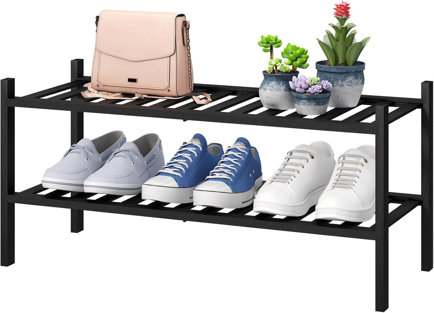 2-Tier Black Bamboo Shoe Rack for Entryway, Stackable | Foldable | Natural, Shoe Shelf Storage Organizer for Hallway Closet, Free Standing Shoe Racks for Indoor Outdoor