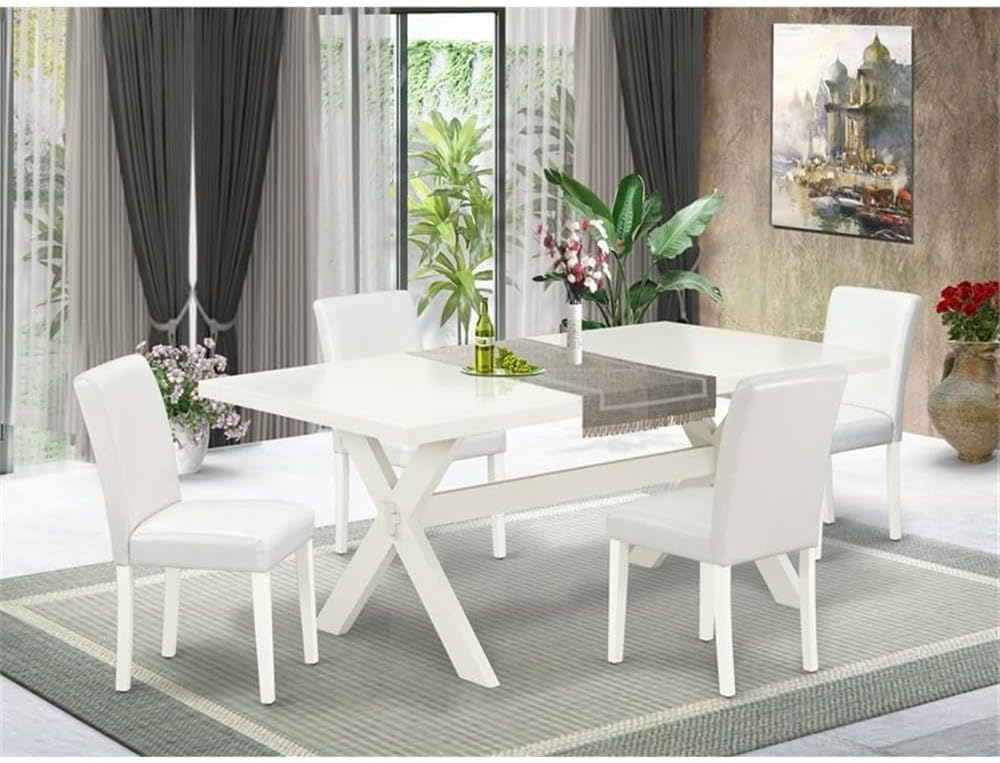 East West Furniture X027AB264-5 5 Piece Dining Table Set Includes a Rectangle Dining Room Table with X-Legs and 4 White Faux Leather Parsons Chairs, 40x72 Inch, Multi-Color