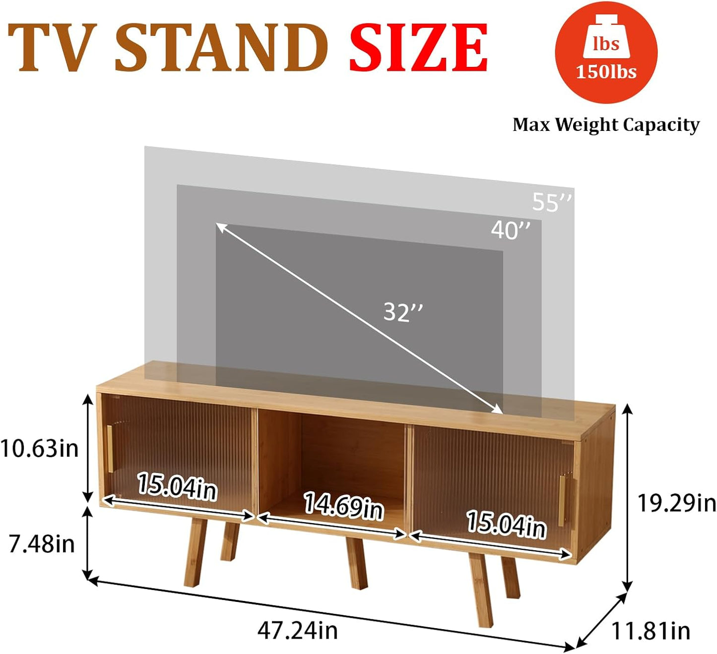Bamboo TV Stand Entertainment Center- Mid-Century Modern Television Stand for 50 inch TVs, Bamboo Media Console Table, Open Storage Shelves for Living Room, Bedroom and Home Decor