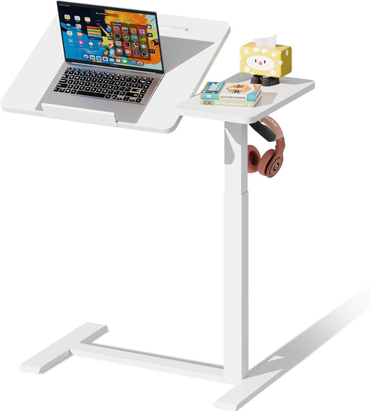 Standing Desk, Medical Overbed Table with Rolling Tray, Dual Pneumatic Angle and Height Adjustable Desk, Portable Side Table with Hidden Wheels, Home & Hospital Use, White