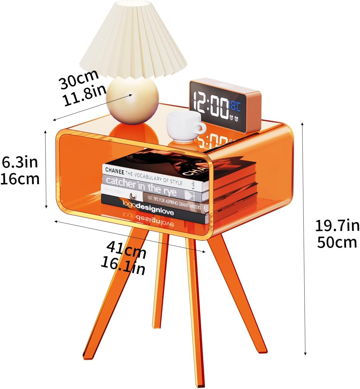 Acrylic Side Table, Acrylic Nightstand Bedside Table for Bedroom (Orange, 16.1'' x 11.8'' x 19.7'')